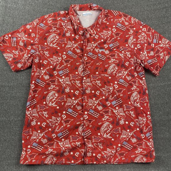 Columbia Shirt Men Large Red PFG All Over Print AOP Short Sleeve Fish‎ Hawaiian - Picture 1 of 11